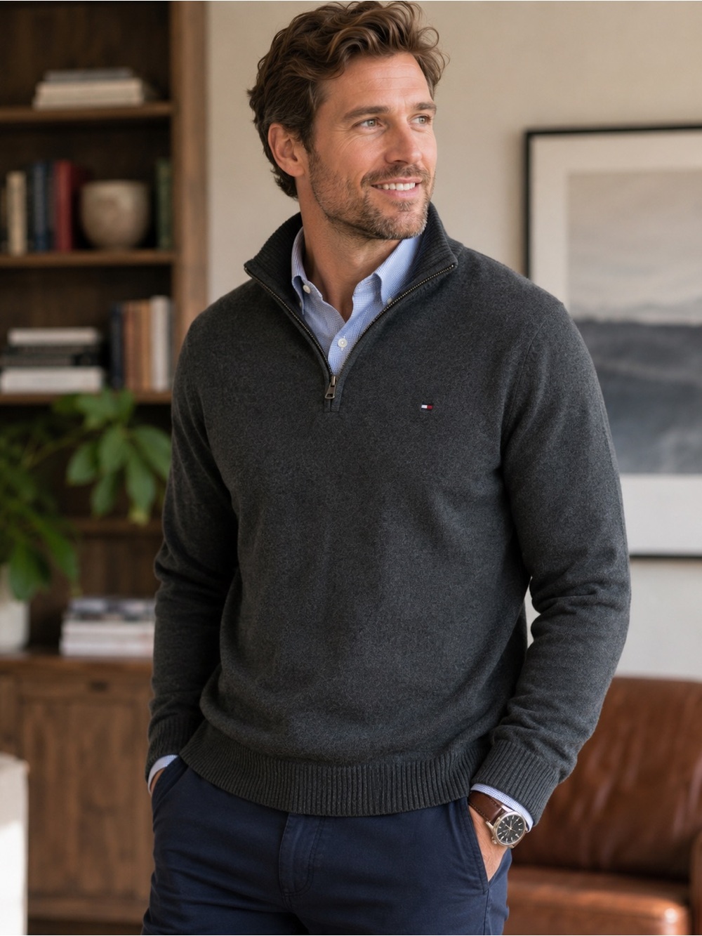 Tommy Hilfiger Men’s XL Gray Quarter Zip Sweater Flag Logo Pullover